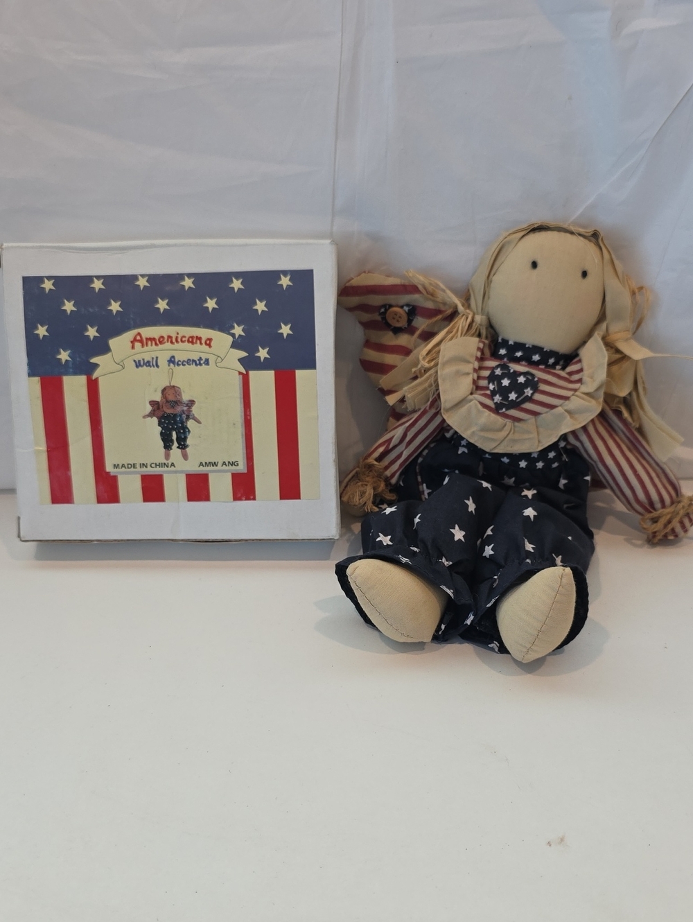 Vintage Americana Primitive Angel Doll Wall Accent Patriotic Approx 10.5" Tall